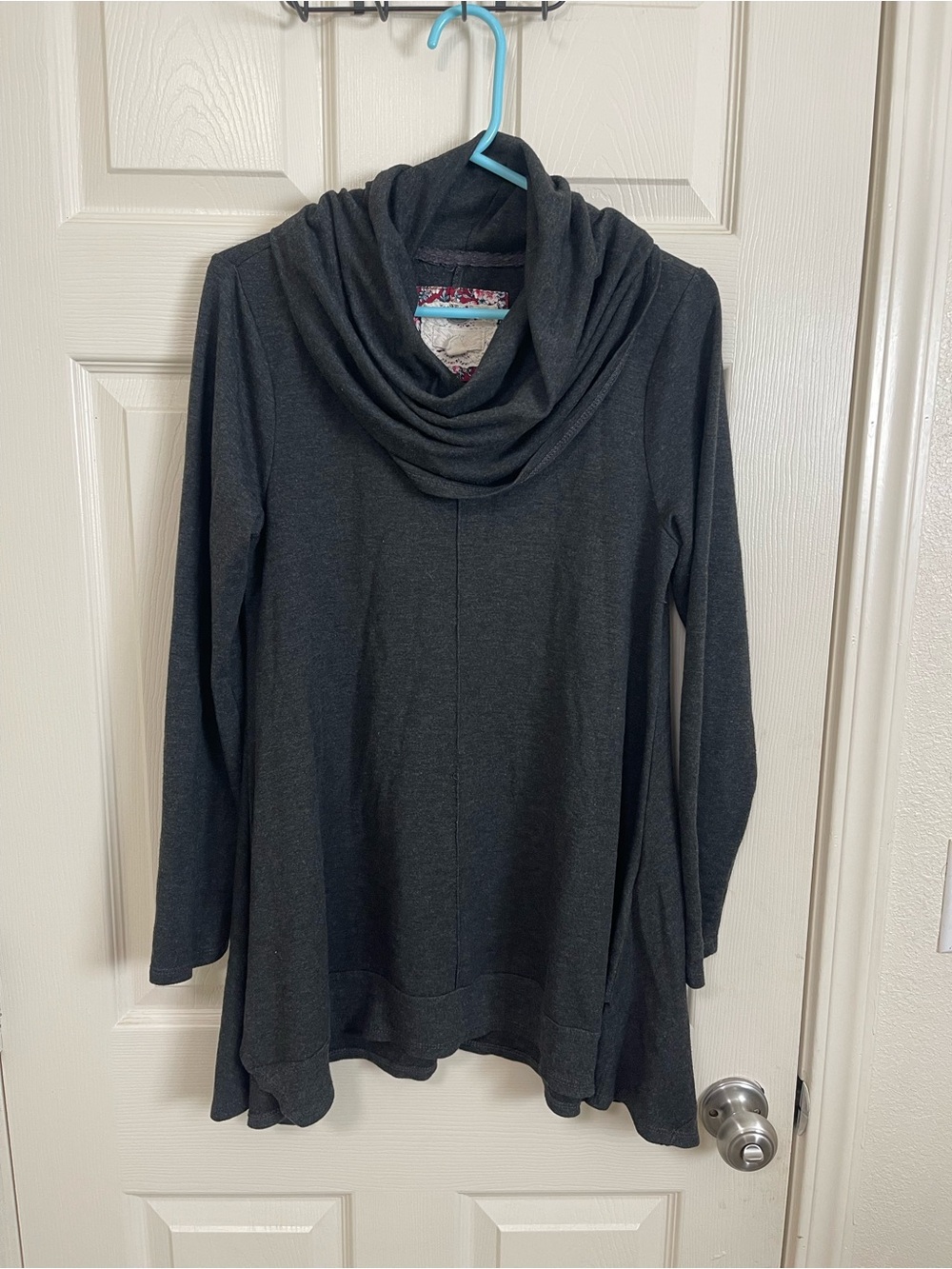 Cupio Charcoal Draped Cowl Neck Tunic Sweater